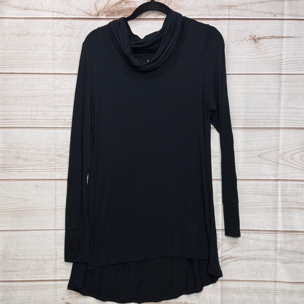 Cuddl Duds Stretch Cowl Neck Tunic High-Low Hem Black Long Sleeve Thumbhole L